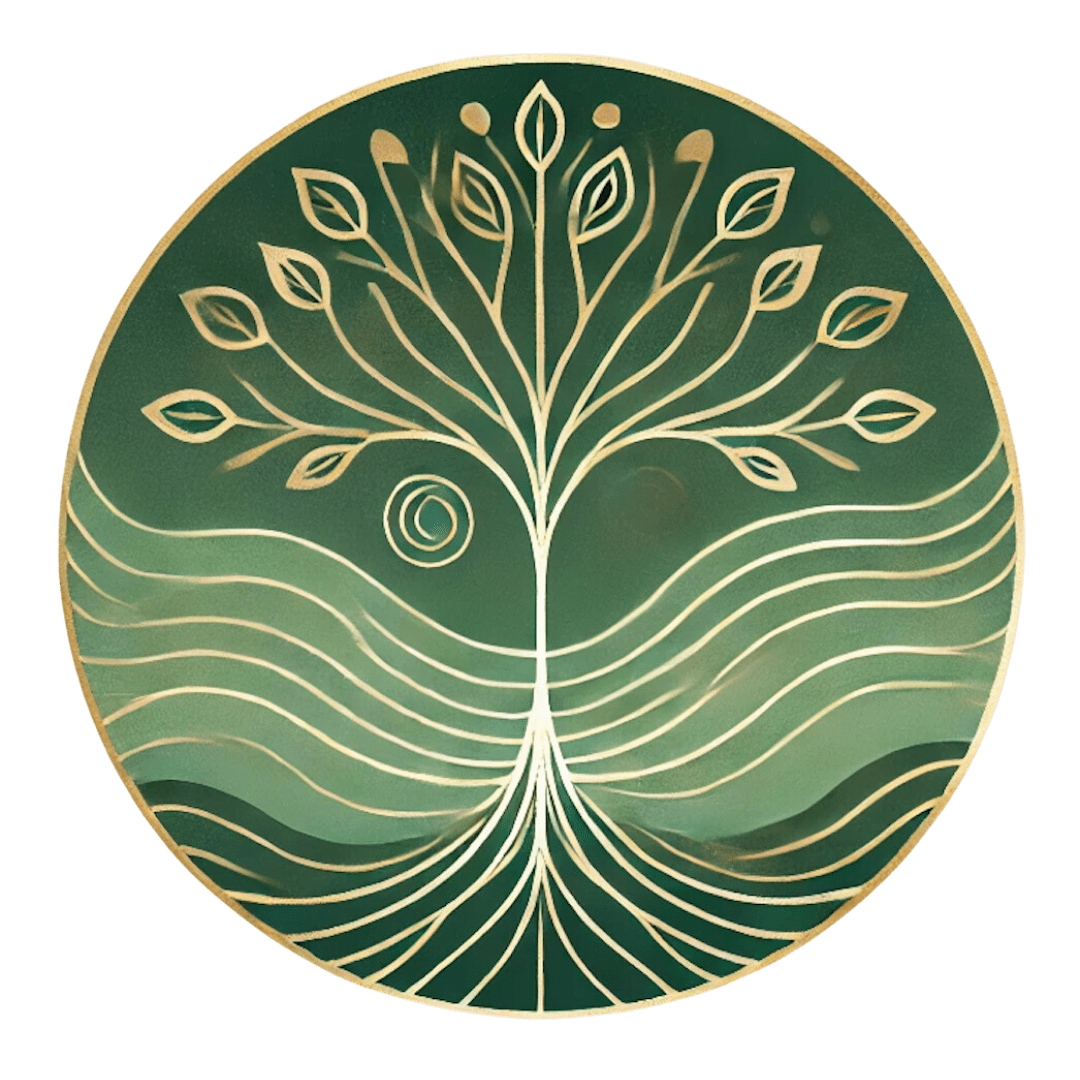 Das Logo von Jana Buth. Ein grün ausgefüllter Kreis, auf dem dünne goldene Linien einen Baum ergeben.